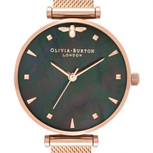 OLIVIA BURTON Queen Bee Black Mother of Pearl Rose Gold Mesh OB16AM145
