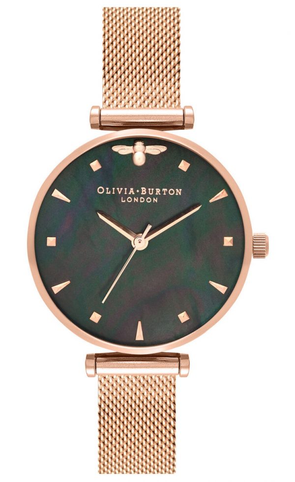 OLIVIA BURTON Queen Bee Black Mother of Pearl Rose Gold Mesh OB16AM145