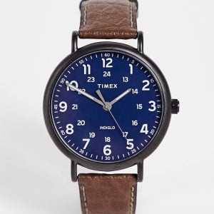 Timex - Brun klocka med blå urtavla och läderarmband-Brun/a