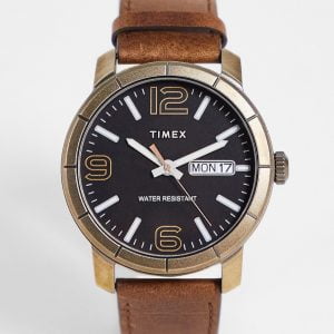 Timex - Klocka med svart urtavla och brunt läderarmband-Brun/a