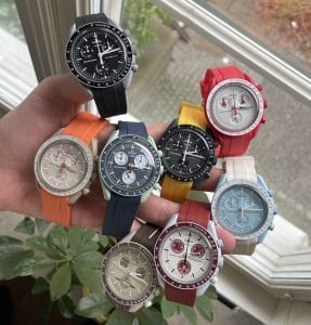 moonswatch strap collection of eight watches on rubber straps