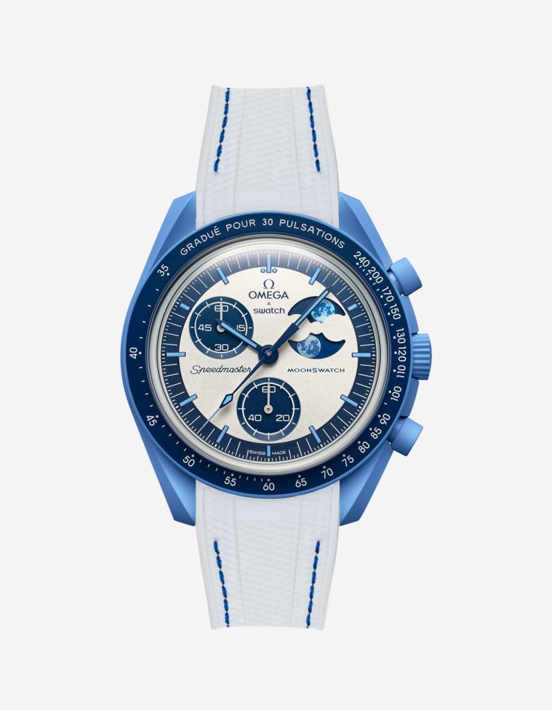 moonswatch mission to the super blue moonphase - white strap blue stitching