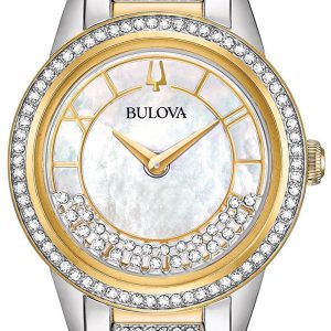 Bulova Damklocka 98L245 Crystal Vit/Gulguldtonat stål Ø32.5 mm