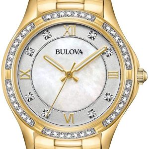 Bulova Damklocka 98L256 Crystal Vit/Gulguldtonat stål Ø32 mm