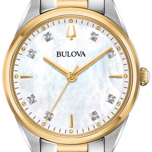 Bulova Damklocka 98P184 Diamond Vit/Gulguldtonat stål Ø31 mm