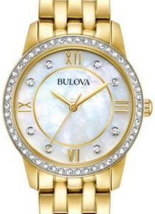 Bulova Damklocka 98X115 Crystal Vit/Gulguldtonat stål Ø27 mm