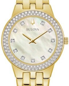 Bulova Damklocka 98X124 Crystal Vit/Gulguldtonat stål Ø30 mm