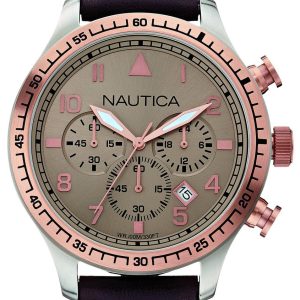 Nautica Herrklocka A17656G Chronograph Beige/Läder Ø44 mm