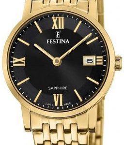 Festina Damklocka F20021-3 Swiss Made Svart/Gulguldtonat stål Ø29.3