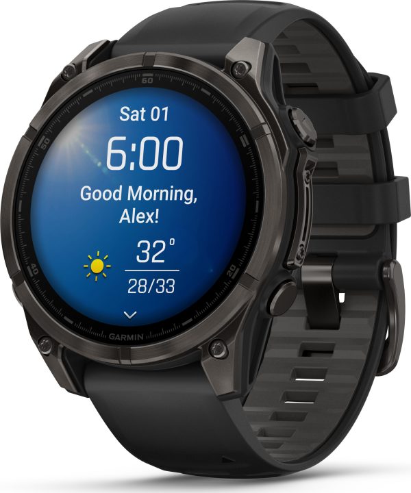 garmin fenix 8 amoled 47mm, sapphire carbon gray dlc titanium - black/pebble grey silicone strap