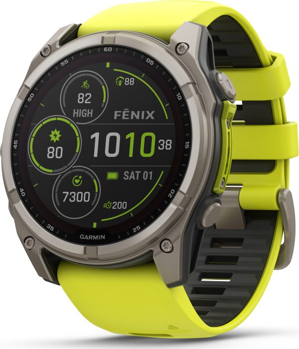 garmin fenix 8 solar 51mm, sapphire solar titanium - amp yellow/graphite silicone strap