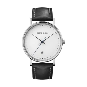 Georg Jensen - Koppel 38 mm - Kvarts - Vit urtavla/Svart läderrarmband