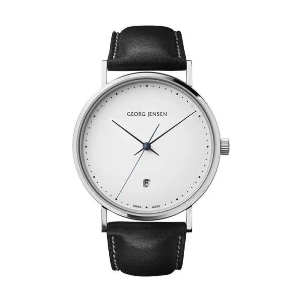 georg jensen - koppel 41 mm - kvarts - vit urtavla/svart läderrarmband