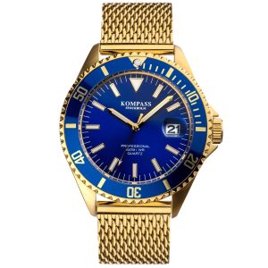 kompass professional diver mesh gold blue