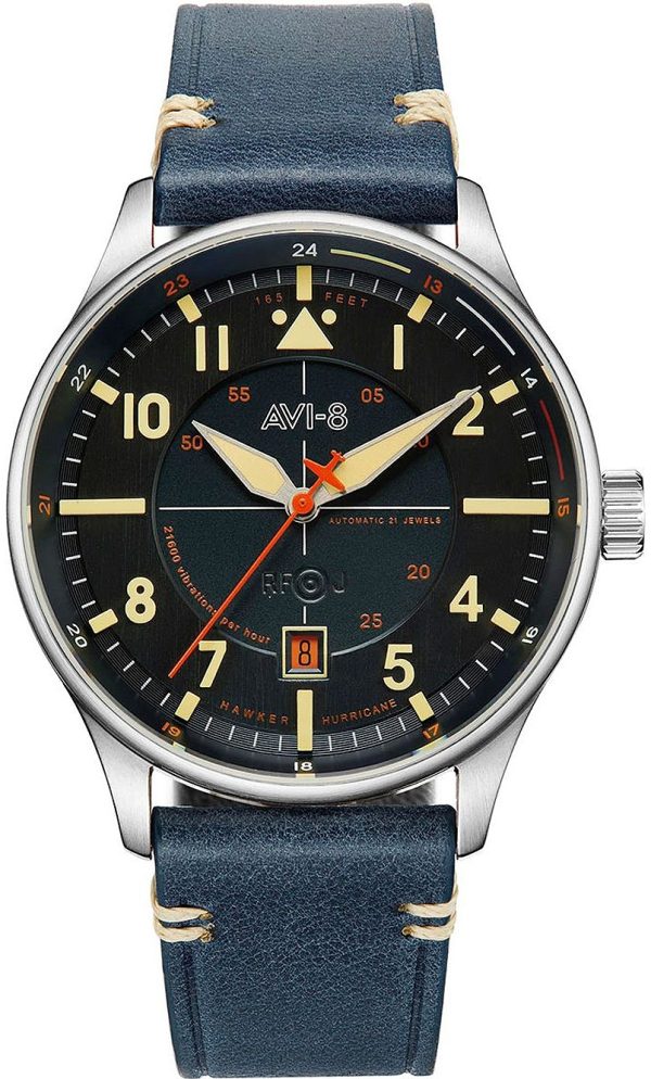 avi-8 herrklocka av-4094-02 hawker hurricane blå/läder ø43 mm