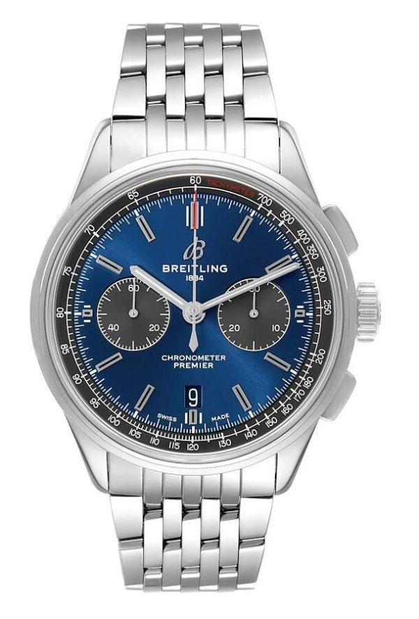 breitling herrklocka ab0118a61c1a1 premier chronograph 42 blå/stål