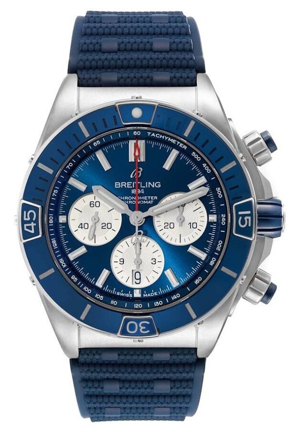 breitling herrklocka ab0136161c1s1 super chronomat b01 44 blå/gummi