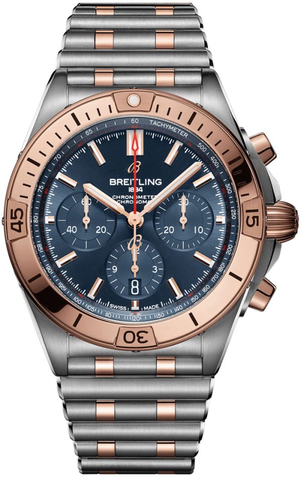 breitling herrklocka ub0134101c1u1 chronomat b01 42 blå/18 karat