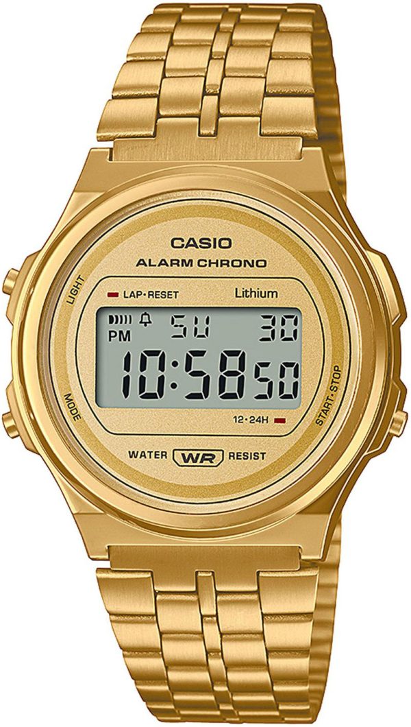 casio a171weg-9aef vintage lcd/gulguldtonat stål ø36.6 mm