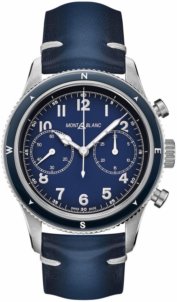 montblanc 1858 herrklocka 126912 blå/läder ø42 mm
