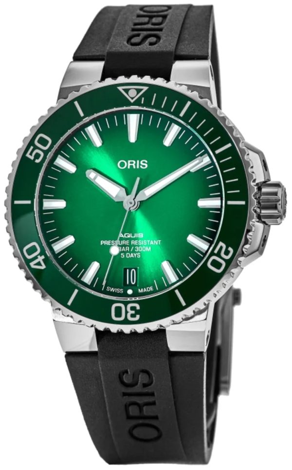oris herrklocka 01 400 7763 4157-07 4 24 74eb aquis grön/gummi