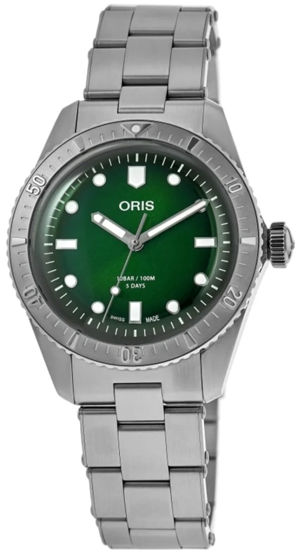 oris herrklocka 01 400 7774 4057-07 8 19 18 divers grön/stål ø38 mm