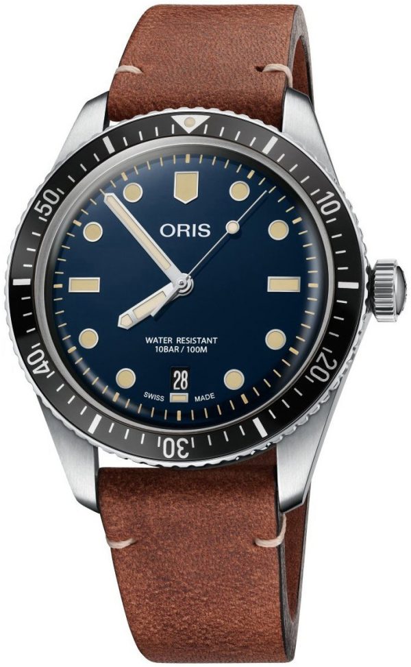 oris herrklocka 01 733 7707 4055-07 5 20 45 diving blå/läder ø40 mm