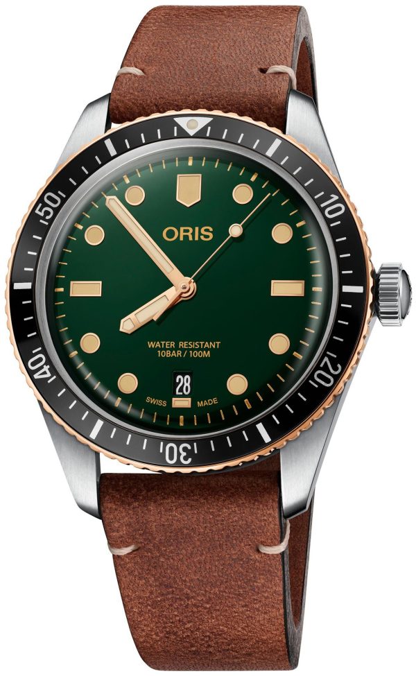 oris herrklocka 01 733 7707 4357-07 5 20 45 diving grön/läder ø40