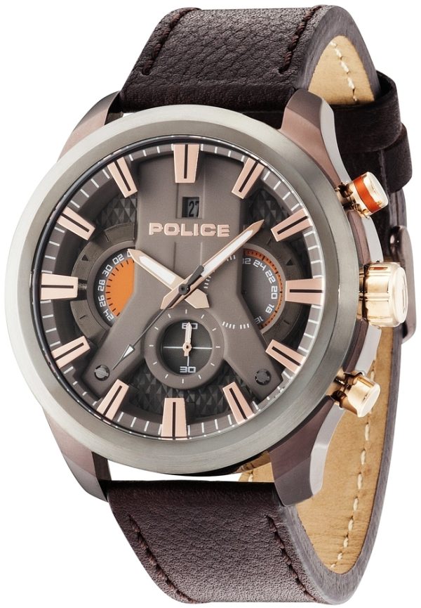police herrklocka r1471668002 cyclone grå/läder ø48 mm