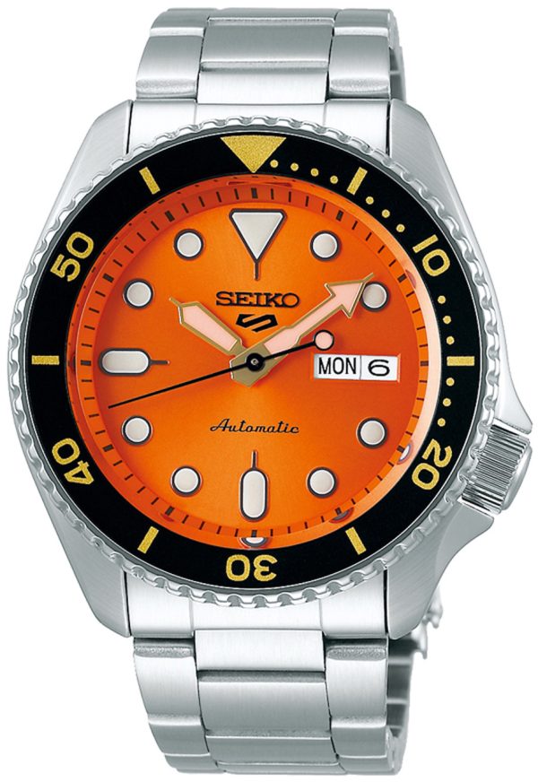 seiko 5 sports herrklocka srpd59k1 orange/stål ø43 mm