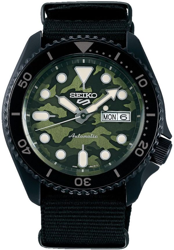 seiko 5 sports herrklocka srpj37k1 street style grön/textil ø43 mm