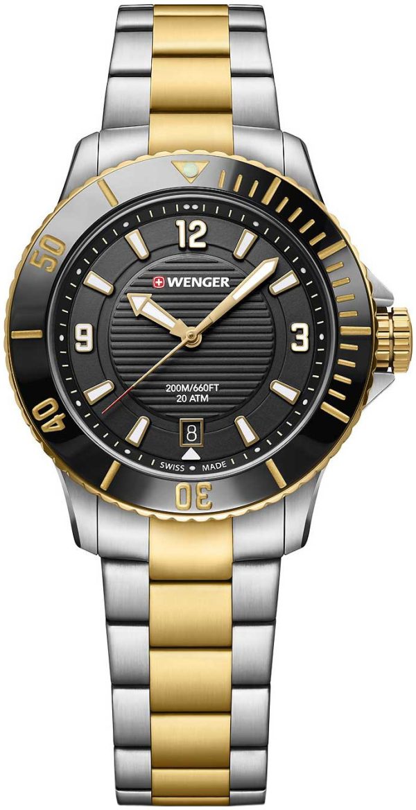 wenger damklocka 01.0621.113 svart/gulguldtonat stål ø36 mm