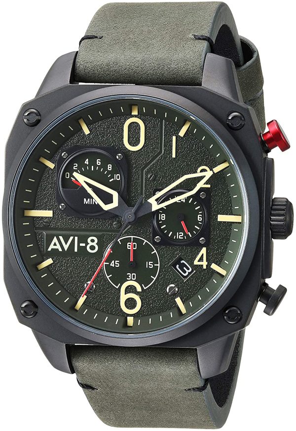 avi-8 herrklocka av-4052-08 grön/läder ø45 mm