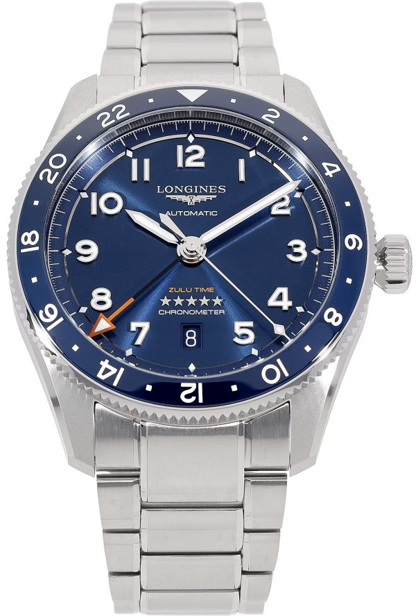 longines herrklocka l3.812.4.93.6 spirit zulu time blå/stål ø42 mm