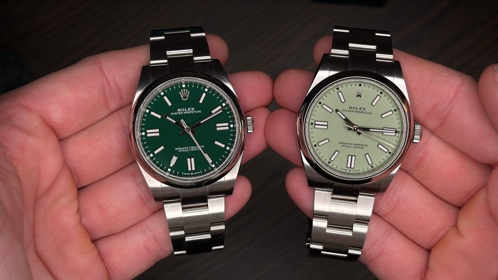 rolex oyster perpetual 41mm comparison pistachio vs dark green 124300 vs 134300
