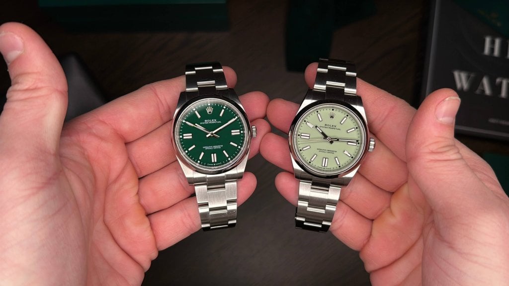 rolex oyster perpetual 41mm comparison pistachio vs dark green 124300 vs 134300 klocka