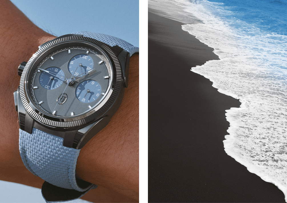 parmigiani fleurier tonda pf sport chronograph ultra-cermet mineral blue på handled mot havsbakgrund