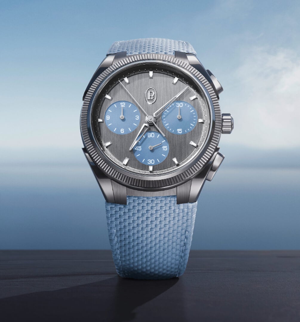 parmigiani tonda pf sport chronograph ultra-cermet med grå urtavla, blå kronografräknare och ljusblått gummiarmband