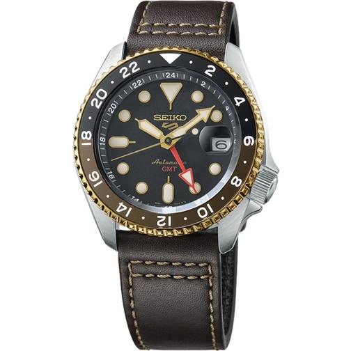 Seiko 5 sports automatic gmt 42. 5mm automatverk, svart tavla, datum, extra tidzon, brunt läderarmband seiko 5 sports automatic gmt 42.5mm automatverk, svart tavla, datum, extra tidzon, brunt läderarmband