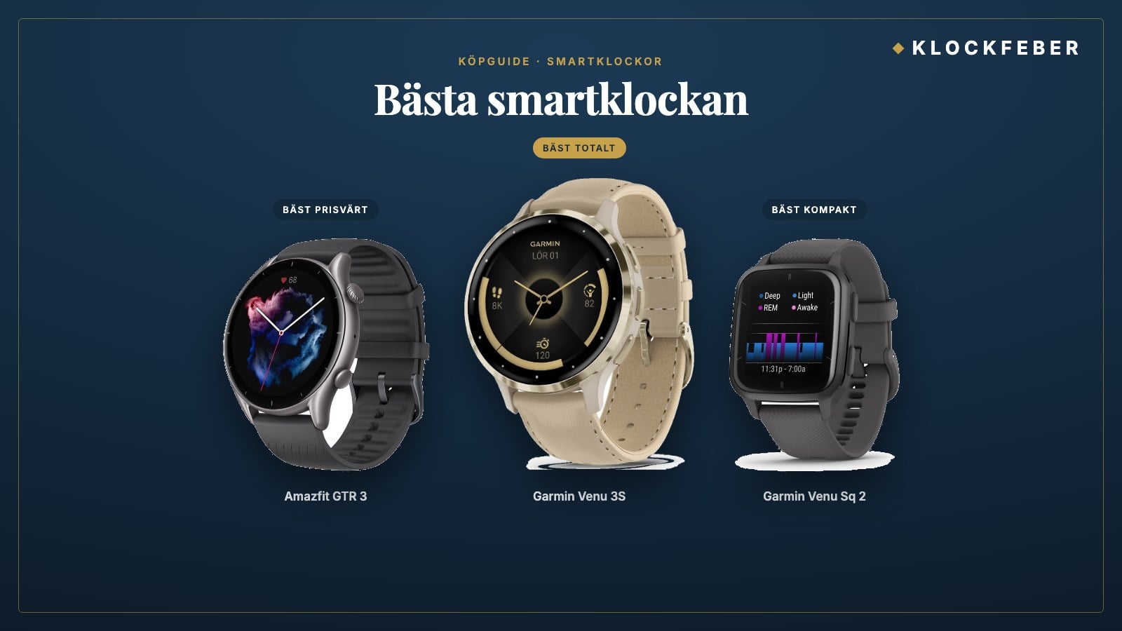 bästa smartklockan – topp 3: garmin venu 3s (bäst totalt), amazfit gtr 3 (bäst prisvärt) och garmin venu sq 2 (bäst kompakt)