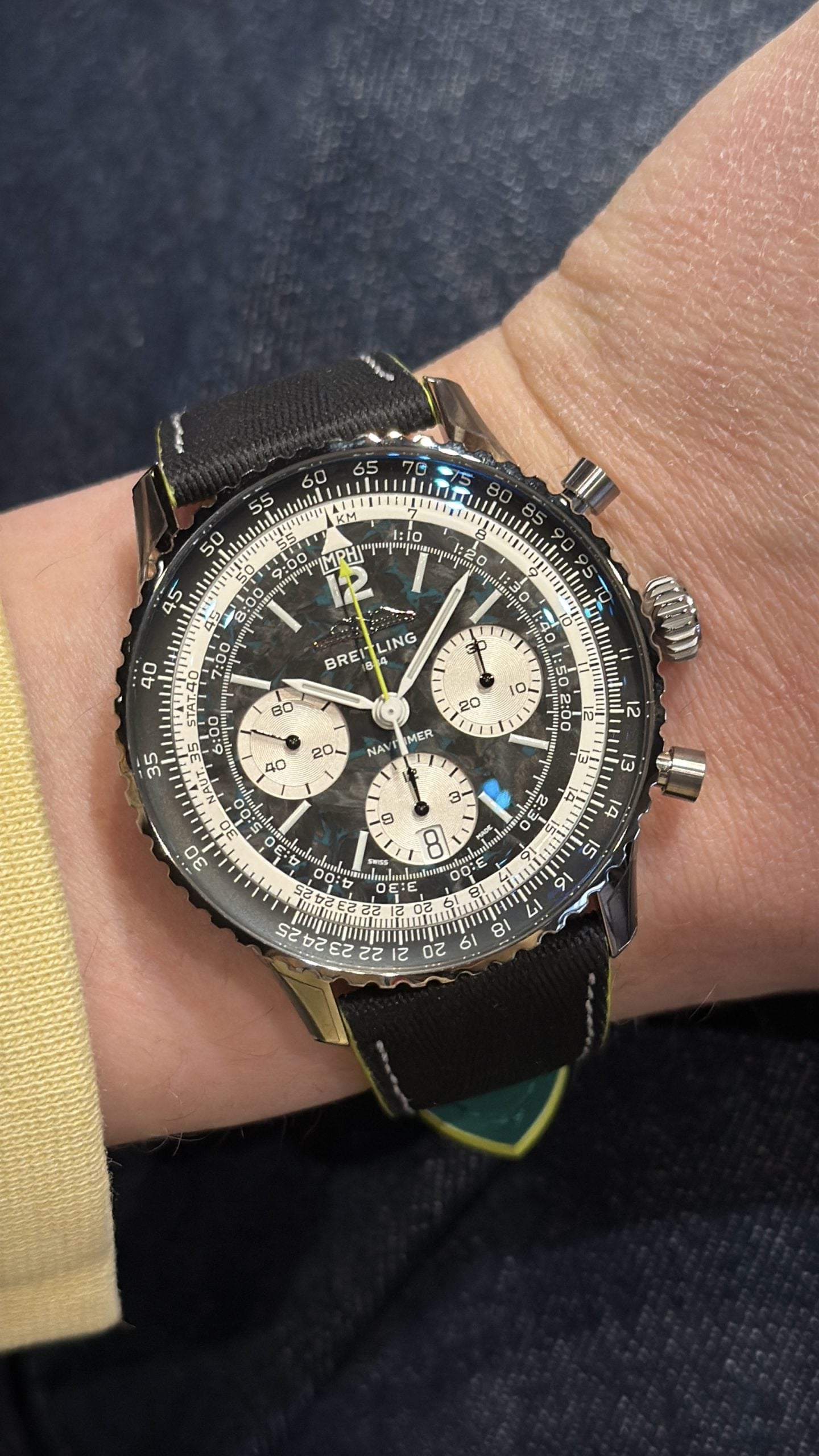 breitling navitimer kronograf med mörk forged carbon-tavla, tre silvriga räkneverk och kalkylatorlünett på svart textilrem – hands-on