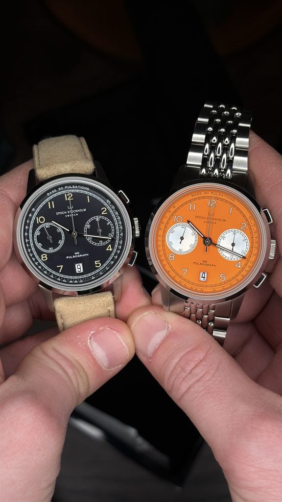 Två epoch stockholm md pulsograph-kronografer sida vid sida: svart tavla på beige mockarem och orange tavla på beads-of-rice-stållänk – hands-on två epoch stockholm md pulsograph-kronografer sida vid sida: svart tavla på beige mockarem och orange tavla på beads-of-rice-stållänk – hands-on