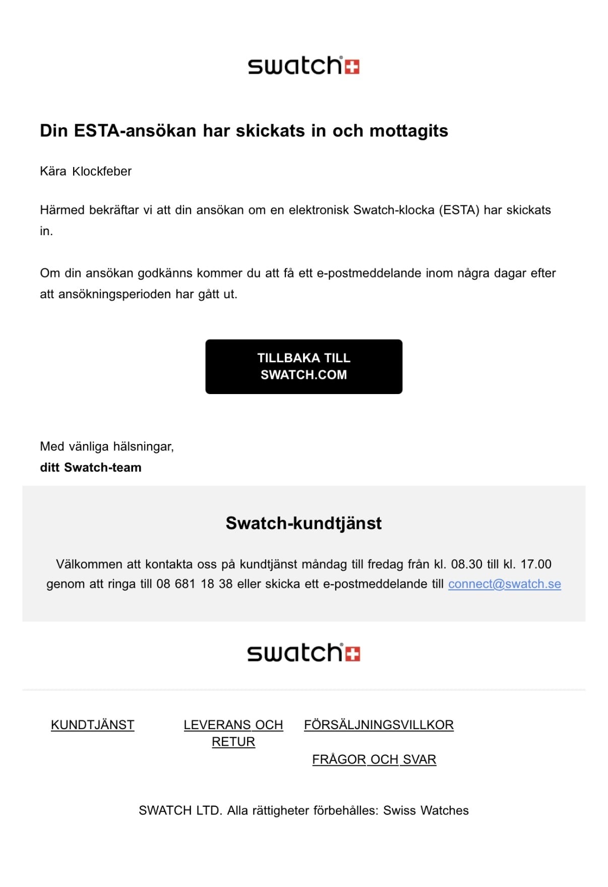 swatch bekräftelsemail om inskickad esta-ansökan för moonswatch mission to the moon 1969, 23 juli 2026