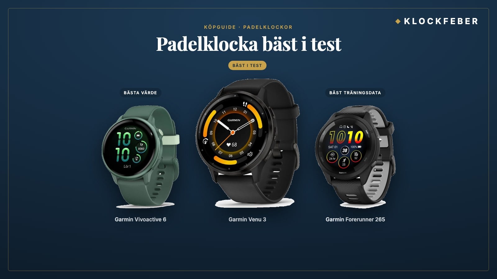 padelklocka bäst i test – topp 3: garmin venu 3 (bäst i test), garmin vivoactive 6 (bästa värde) och garmin forerunner 265 (bäst träningsdata)