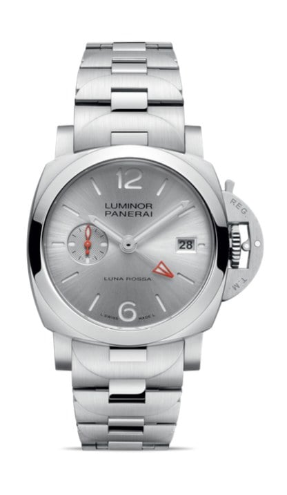 panerai luminor luna rossa med grå urtavla, datum och liten sekundvisare på stållänk