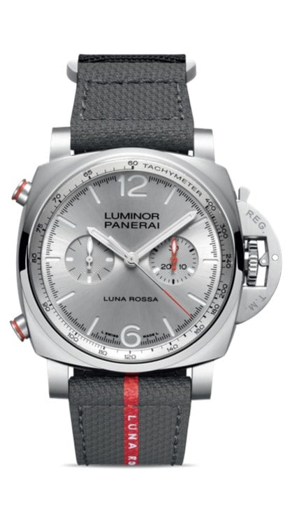 panerai luminor luna rossa-kronograf med grå urtavla, tachymeterskala och grått tygarmband med rött luna rossa-band