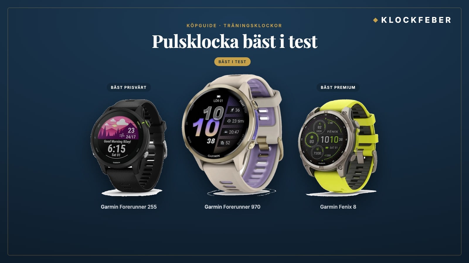 pulsklocka bäst i test – topp 3: garmin forerunner 970 (bäst i test), garmin forerunner 255 (bäst prisvärt) och garmin fenix 8 (bäst premium)