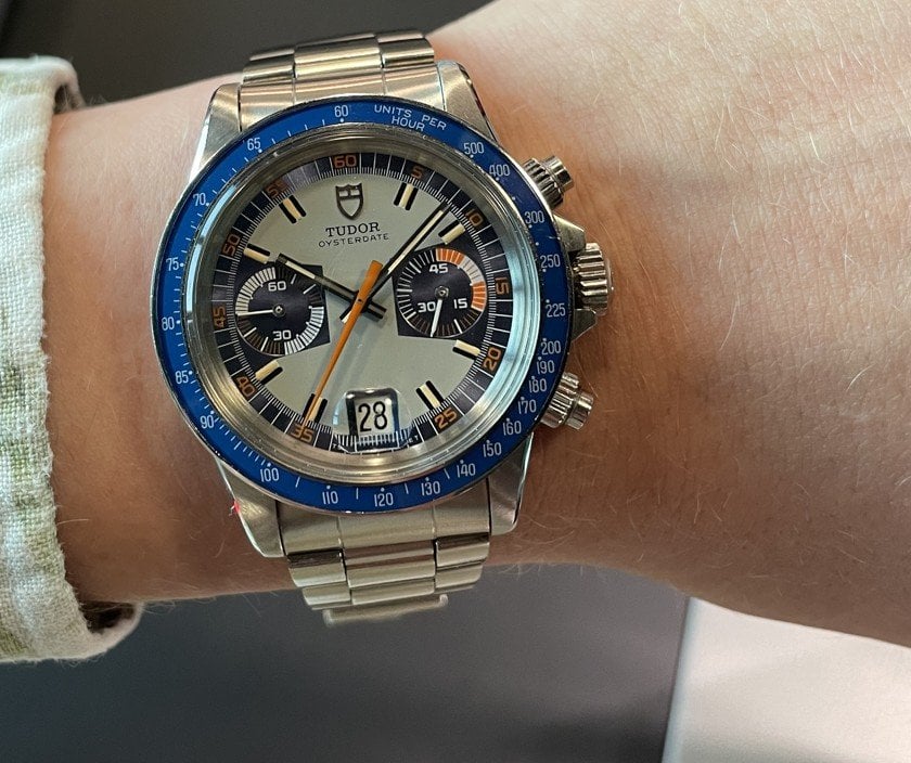 vintage tudor oysterdate monte carlo-kronograf från 1970-talet med blå bezel och orange detaljer