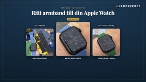 klockfebers omslag till guiden om apple watch-armband: tre egna bilder på en apple watch series 7 med wristbuddys armband i mocka och silikon