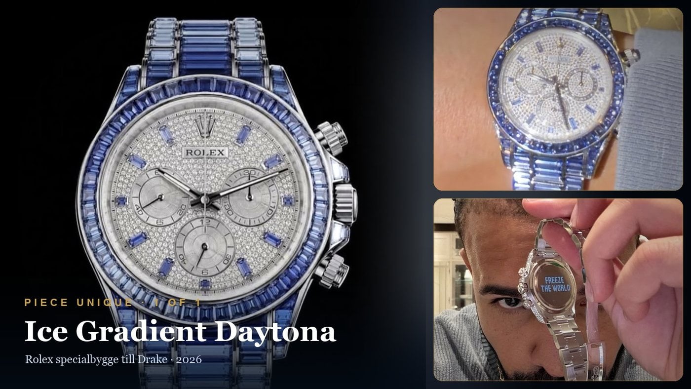 drakes rolex ice gradient daytona – unik cosmograph daytona i vitguld med blå safirer
